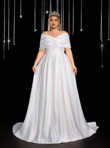 Glamrae Plus Size Elegant Romantic All White Strapless Big Bow Decoration Luxury Wedding Dress Satin Big A-Line Long Tail Embroidery Bridal Wedding Dress Off Shoulder