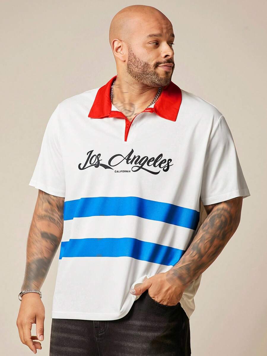 EASEVO Plus Size Men's Casual Striped Short Sleeve White Polo Shirt, Suitable For Summer - White - View 1
