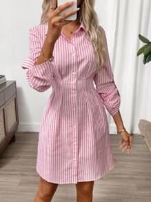 SHEIN Clasi 女式条纹印花纽扣前开休闲长袖短款连衣裙 - 粉色 - 查看 6