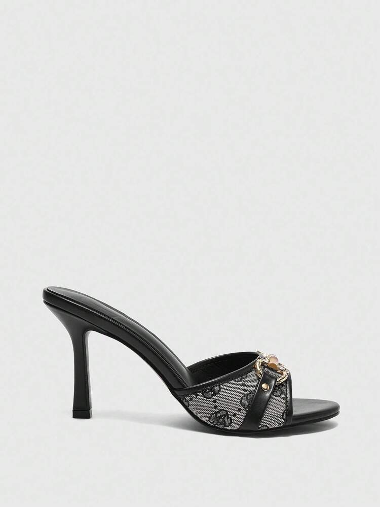 CUCCOO BIZCHIC Black PU Mixed Fashionable Gold-Tone Buckle Contrast Color Round Toe Slip-On Comfortable High Heel Sandals For Christmas Spring Shoes Summer Shoes