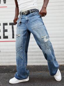 ROMWE MEN Street Life Men's Street Patchwork Ripped Straight Leg Baggy Jeans, Belt Not Included - Baby Blue - View 6