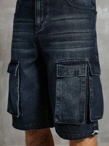 Manfinity Roughcore Men's Two-Tone Pocket Casual Loose Fit Denim Bermuda Shorts Washed Denim Cargo Shorts - Dark Wash - View 7