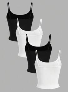 SHEIN EZwear 4件装女士黑白紧身露脐休闲背心，适合夏季穿着，3件装，返校季必备 - 彩色 - 查看 2