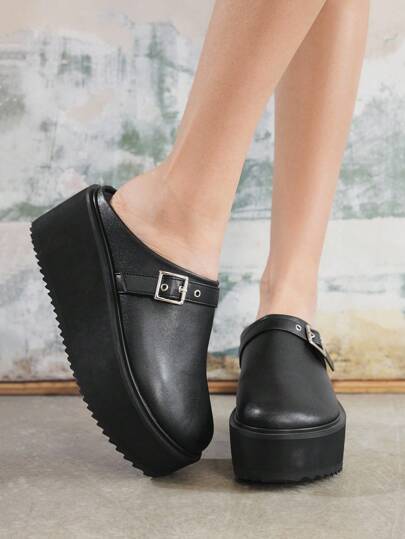 Sugerpunk Zapatos de vestir de tacón de cuña con decoración de correa negra, punta redonda, suela gruesa, en PU negro, casuales y de slip-on, de moda y cómodos para uso diario y fiestas