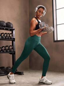 Powerista 简约纯色高腰无缝紧身裤女士瑜伽裤 - 薄荷藍 - 查看 7