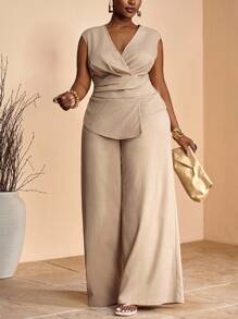 Veslaya 2 Piezas Set Talla grande: Top cruzado sin mangas con bajo desigual y pantalón ancho de cintura alta, elegante para fiesta, oficina, noche, boda, cita, primavera/verano 2025