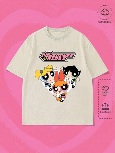 The Powerpuff Girls | ROMWE T-shirt à col rond à manches courtes pour hommes avec motif fleur, bulles et boutons d'or