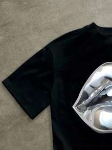 Manfinity Roghcode 男士休闲印花宽松短袖T恤，夏季 - 黑色 - 查看 4