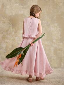 Ontre 少女宽松休闲荷叶边条纹上衣和A字裙两件套 - 粉色 - 查看 2