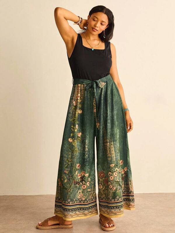 Freevana Plus Size Women Floral Print Patchwork Wide Leg Sleeveless Casual Jumpsuit Boho Pants For Women Bohemian Pants Palazzo Pants Women Wide Leg Pants Floral Print Wide Leg Pants