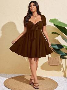 Vionelle Plus Size Women Summer Sexy Front Tie Short Sleeve Fitted Dress - Brown - View 5