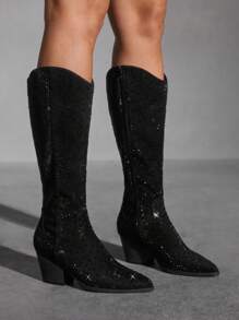 CUCCOO SZL Fashionable Black Fully Rhinestone Studded Over-The-Knee Western Boots With Crystals, Suitable For Music Festivals, Parties, Vacations - Black - View 1