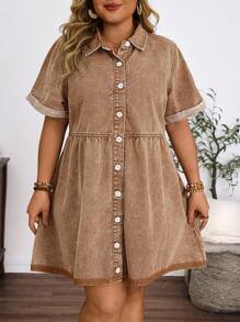 EMERY ROSE Plus Size Casual Vacation Washed Front Button Denim Dress, Summer - Khaki - View 6