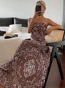 Livesso 两件套女士印花抹胸长裙休闲度假套装，秋季邮轮波西米亚风女装 - 棕色 - 查看 1