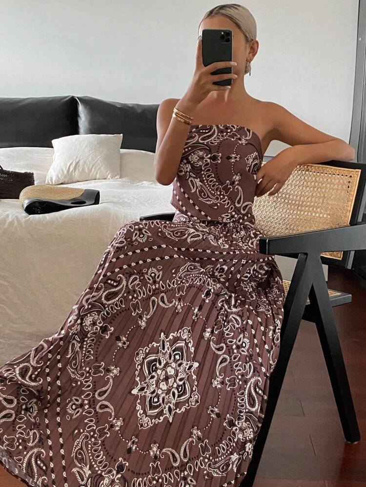 2pcs/Set Women Floral Print Bandeau Maxi Skirt Casual Vacation Outfit, Autumn Cruise Outfit For Women Boho