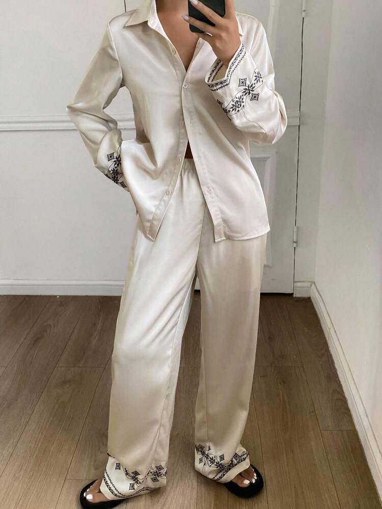 2pcs Women Casual Button Up Shirt & Long Pants Set,Fall Clothes