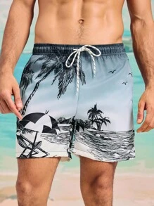 Manfinity Swimmode 男士松紧腰抽绳宽松休闲棕榈树印花沙滩裤