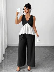 SHEIN Elenzya Bộ 2 món cho nữ cỡ lớn: Áo cánh không tay màu tương phản và quần ống rộng rộng rãi - Nhiều màu - Xem 3