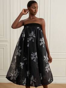GENKIRA Váy Maxi Maxi Không Dây Voan Organza Hoa Ngẫu Nhiên Lấy Cảm Hứng Từ Đêm Đầy Sao, Váy Xòe Xòe Mây Trắng Lấp Lánh, Trang Phục Thanh Lịch Cho Tiệc Tối & Tiệc Tối - Đen và trắng - Xem 6
