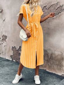 Chiquease 女士条纹蝙蝠袖短袖单排扣休闲长裙，夏季长款女装 - 黃色 - 查看 4