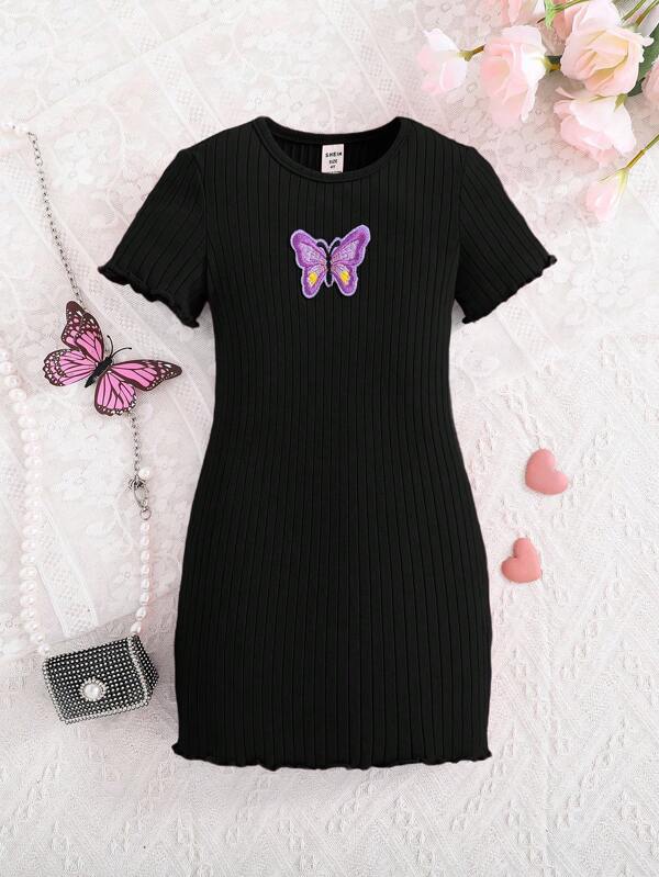 SHEIN Young Girl Toddler Knit Solid Color Round Neck Butterfly Pattern Fitted Casual Dress