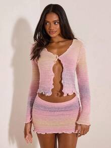Opulessa Women's Ombre V-Neck Lettuce Trim Cropped Knit Top, Suitable For Spring And Autumn,Business Casual Woman Style, Concert, Party Club Fall Casual - Pink - View 5