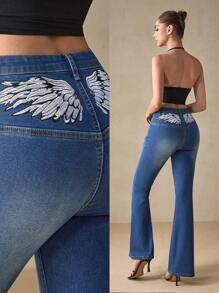 SHEIN EZwear Fashionable Embroidered Stretch Denim Flare Pants - Medium Wash - View 1