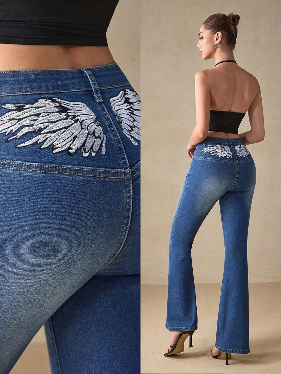 SHEIN EZwear Fashionable Embroidered Stretch Denim Flare Pants - Medium Wash - View 1