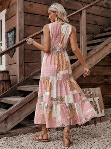 LanaWest Women's Casual Western Bohemian Beach Style Sleeveless Buttoned Decorated 3-Tier Maxi Dress, Spring/Summer - Multicolor - View 2