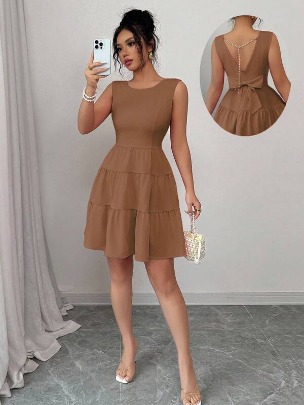 Elenzga Women's Solid Color Round Neck Sleeveless Waist Cinched Bow Decor Back Skater Dress
