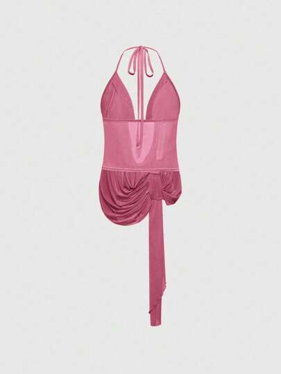 ROMWE Avant Top de mujer transparente con escote profundo, cuello drapeado y espalda descubierta para festivales de música