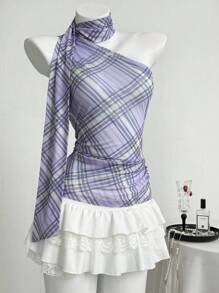 Elamini Women's Casual Summer Vacation Asymmetrical Neck Sleeveless Blue Plaid Halter Neck Flowy Chiffon Blouse - Mauve Purple - View 4