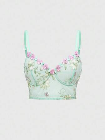 Fairycore Sujetador estilo bralette con alambre y bordado floral para mujer