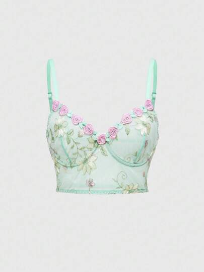 Fairycore Women's Floral Embroidered Wire-Framed Bralette