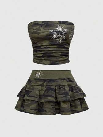 J-Fashion Plus Size Camouflage Print Bandeau Top And Ruffle Hem Skirt 2 Pieces Set