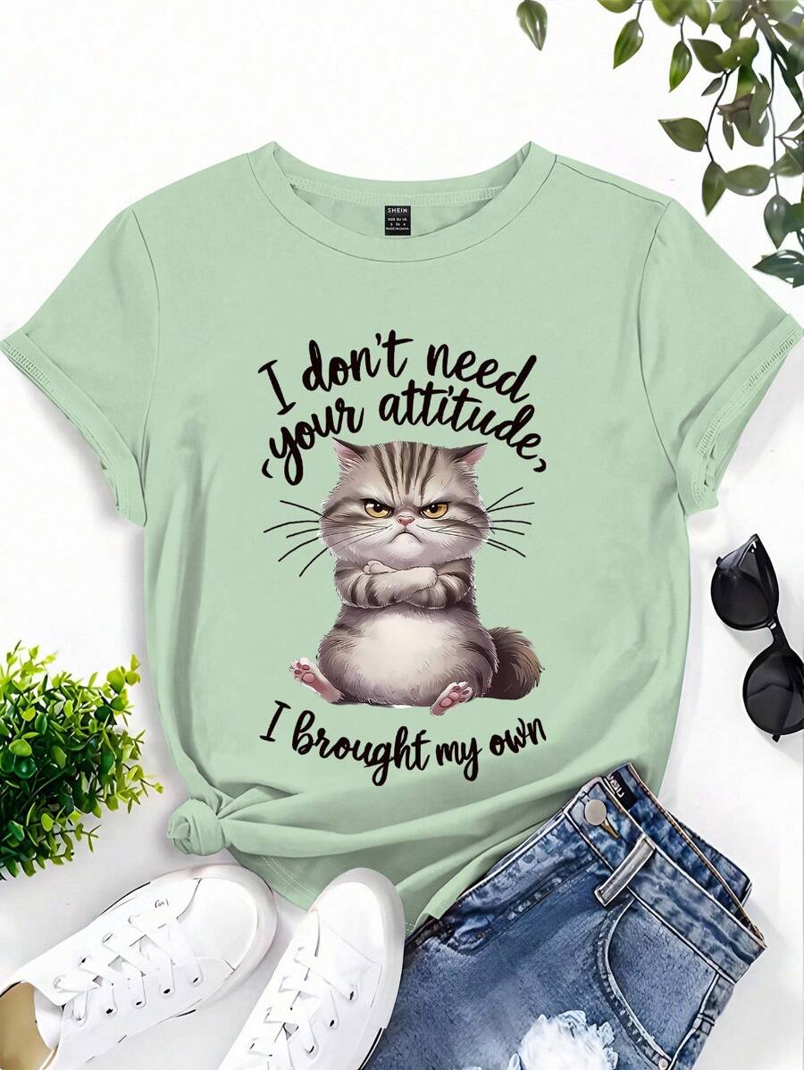 INAWLY Casual Cat Slogan Print Short Sleeve T-Shirt For Summer - Green - View 1