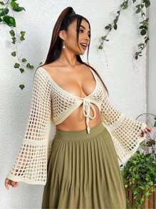 ROMWE Plus Size Vintage Hollow Out Lace-Up Backless Knitted Cardigan, Vacation Style - Apricot - View 1