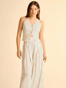 CAJUNI Women's Vacation Apricot & Black Stripe V-Neck Sleeveless Buttoned V-Hem Vest, Versatile For Commute & Holiday, - Multicolor - View 6