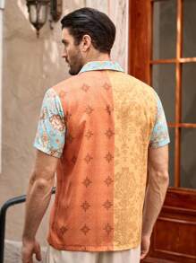 Manfinity VCAY 男士休闲拼布印花短袖衬衫，适合度假 - 彩色 - 查看 2