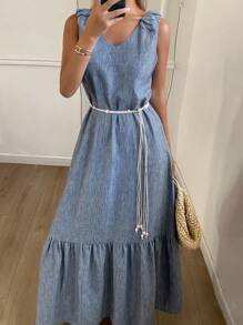 Livesso Waist Belt Sleeveless Round Neck Casual Vacation Dress For Women, Autumn