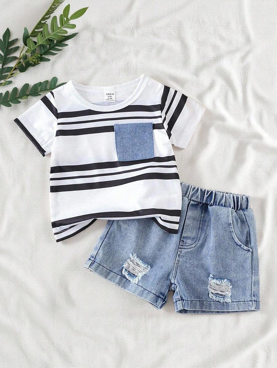 SHEIN Vintaside Kids 2pcs/Set Toddler Infant Baby Boys Casual Striped Pocket Round Neck Short Sleeve T-Shirt And Ripped Washed Denim Shorts, Spring/Summer - Multicolor - View 1