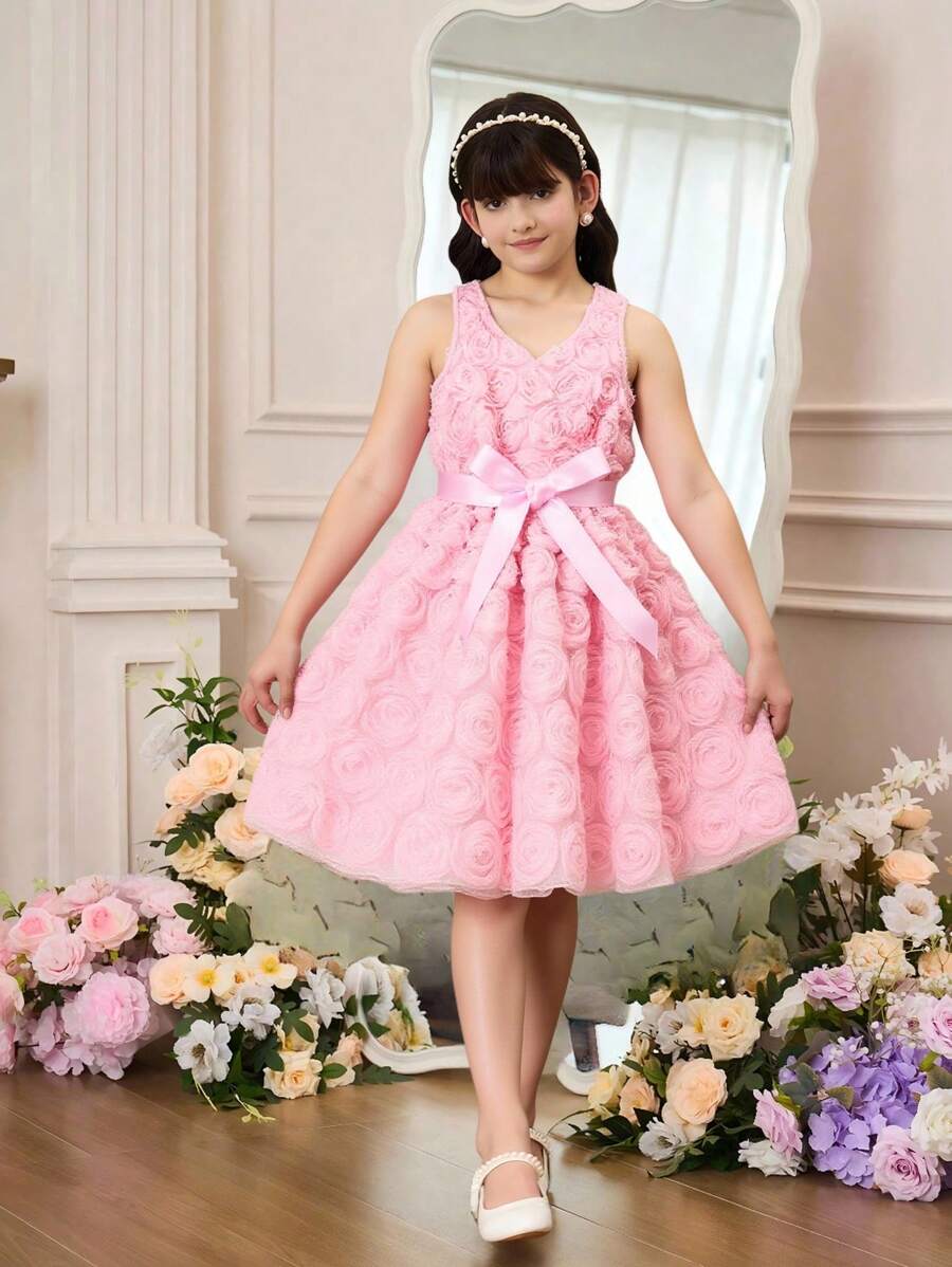 Vestido sin mangas con cuello en V y decoración de flor 3D para niñas preadolescentes - Rosa - Ver 1