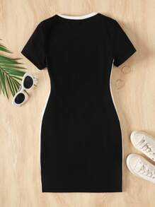 SHEIN Robe décontractée ajustée à imprimé nœud contrasté pour fille préadolescente, à la mode et polyvalente pour un usage quotidien - Noir - Voir 2