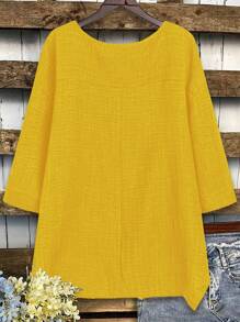 Linhara Plus Size Plain Round Neck Drop Shoulder Textured Loose Casual Shirt, Summer - Mustard Yellow - View 2