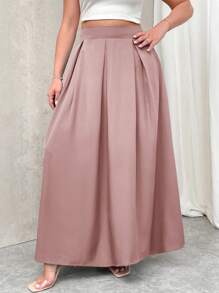 Firerie Falda larga plisada de talle alto en gris con bolsillos, cintura elástica, para otoño y vuelta al colegio, tallas grandes para mujer - Rosa vieja - Ver 4