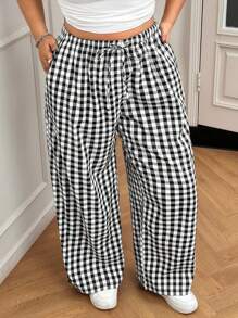 SHEIN EZwear Plus Size Casual Plaid Drawstring Waist Slant Pockets Pants
