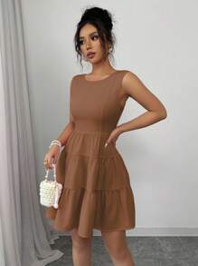Elenzga Vestido Patinadora de Mulher Cintura Apertada com Laço Decorativo nas Costas, Gola Redonda, Sem Mangas, Cor Sólida