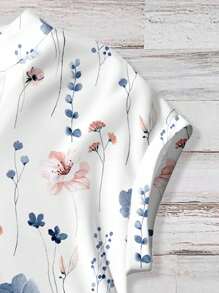 Mellowie 假期和返校季，教师节休闲优雅风蓝色花卉印花V领纽扣衬衫，适合大码女装，夏季穿着 - 藍白色 - 查看 5