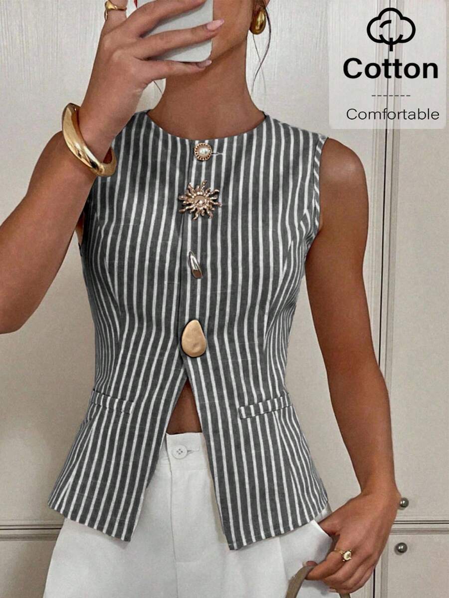 Siren Gaze 女式夏季休闲通勤条纹前扣背心 - 黑與白 - 查看 1