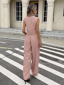 SHEIN Frenchy Women's Solid Color Single Breasted Vest And Pants Casual 2 Pieces Set Island Vacation Outfits Summer Pink - Pink - View 2